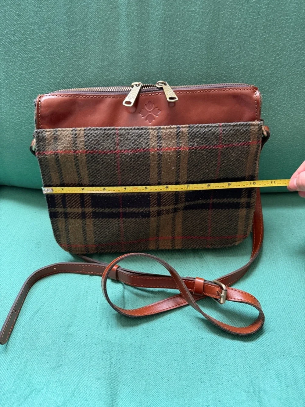 Patricia Nash Brown Plaid Wool & Chestnut Leather Messenger Bag